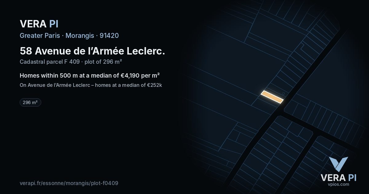 58 Avenue de l’Armée Leclerc, Morangis at night – the plot lit, the parcels around coloured by the prices near them