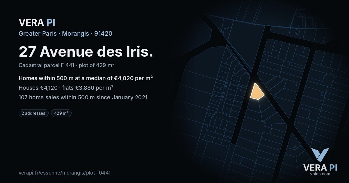 27 Avenue des Iris, Morangis at night – the plot lit, the parcels around coloured by the prices near them