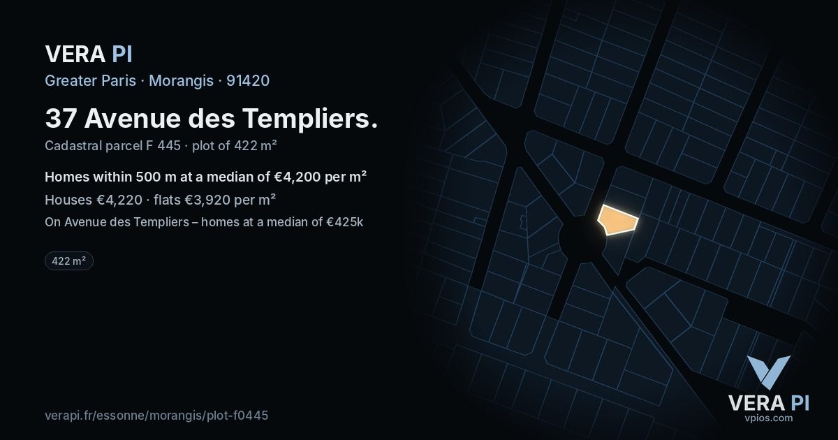 37 Avenue des Templiers, Morangis at night – the plot lit, the parcels around coloured by the prices near them