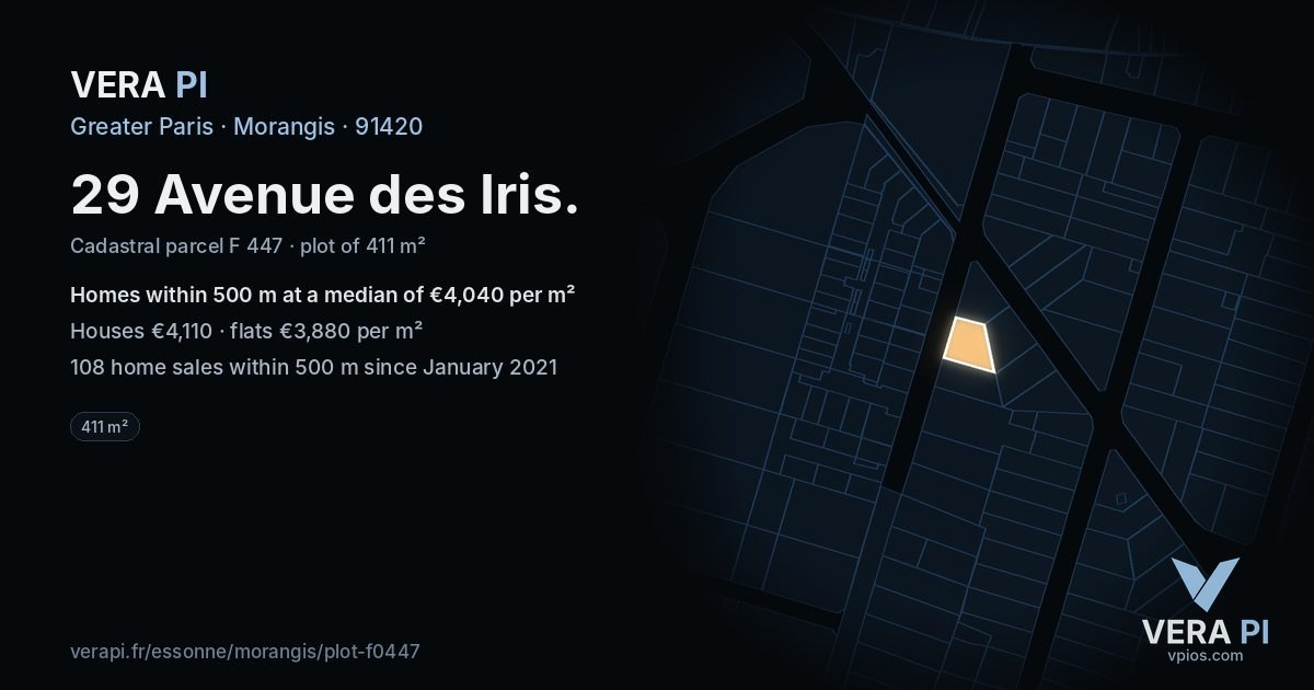 29 Avenue des Iris, Morangis at night – the plot lit, the parcels around coloured by the prices near them
