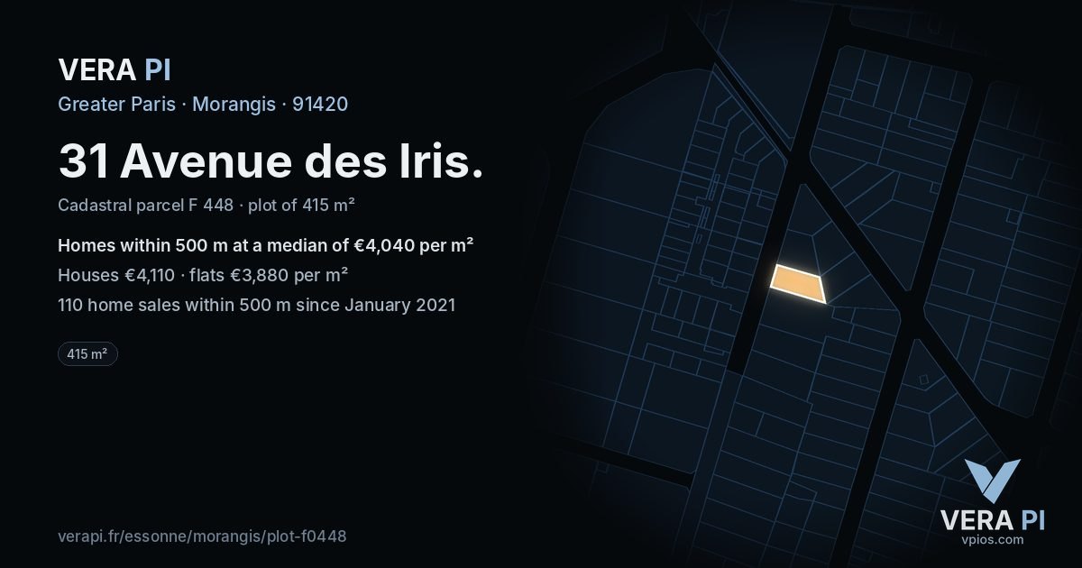 31 Avenue des Iris, Morangis at night – the plot lit, the parcels around coloured by the prices near them