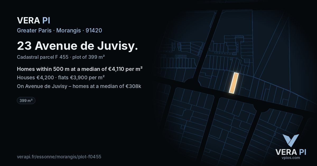 23 Avenue de Juvisy, Morangis at night – the plot lit, the parcels around coloured by the prices near them