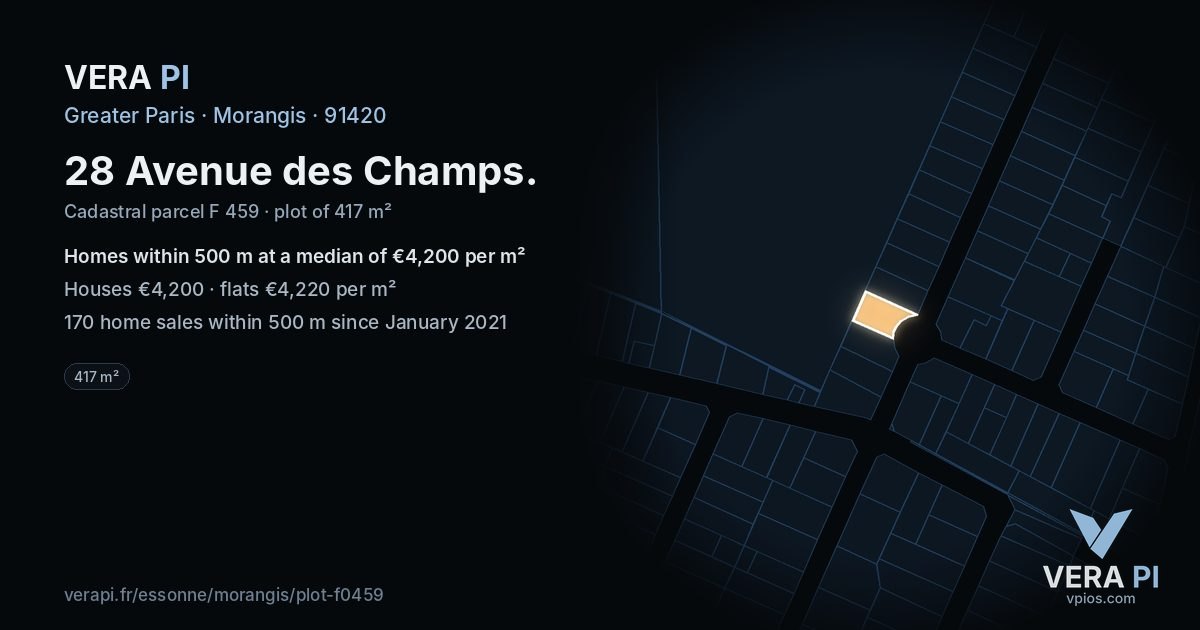 28 Avenue des Champs, Morangis at night – the plot lit, the parcels around coloured by the prices near them