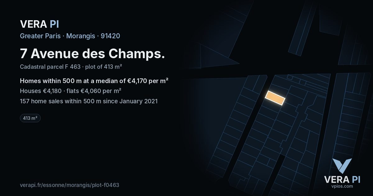 7 Avenue des Champs, Morangis at night – the plot lit, the parcels around coloured by the prices near them