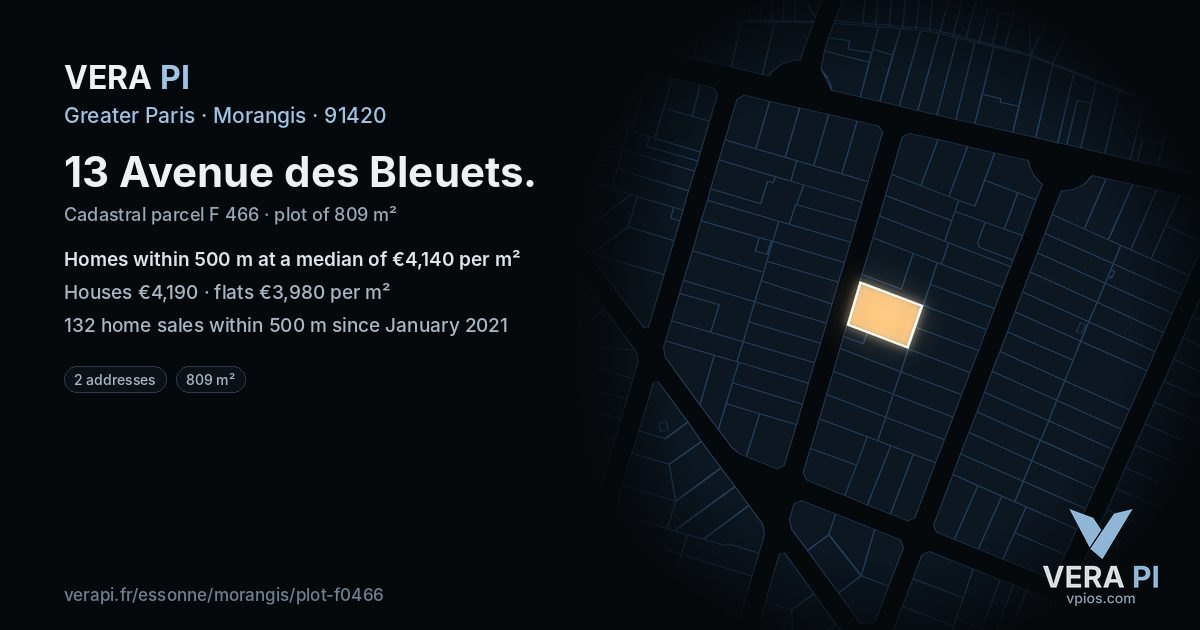 13 Avenue des Bleuets, Morangis at night – the plot lit, the parcels around coloured by the prices near them