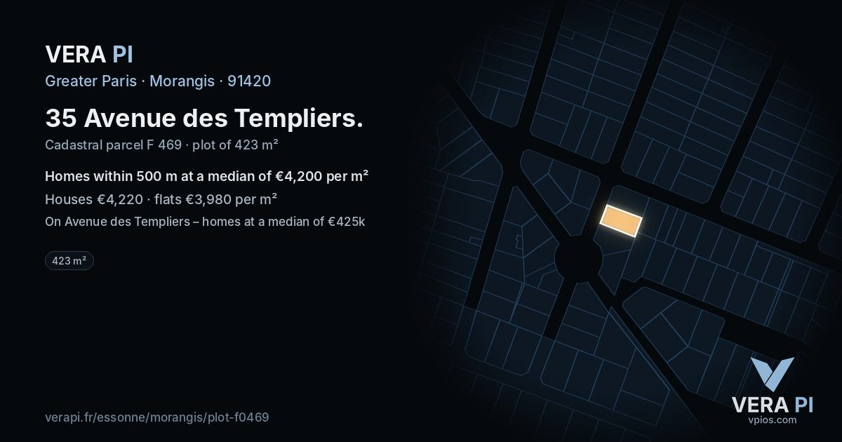 35 Avenue des Templiers, Morangis at night – the plot lit, the parcels around coloured by the prices near them