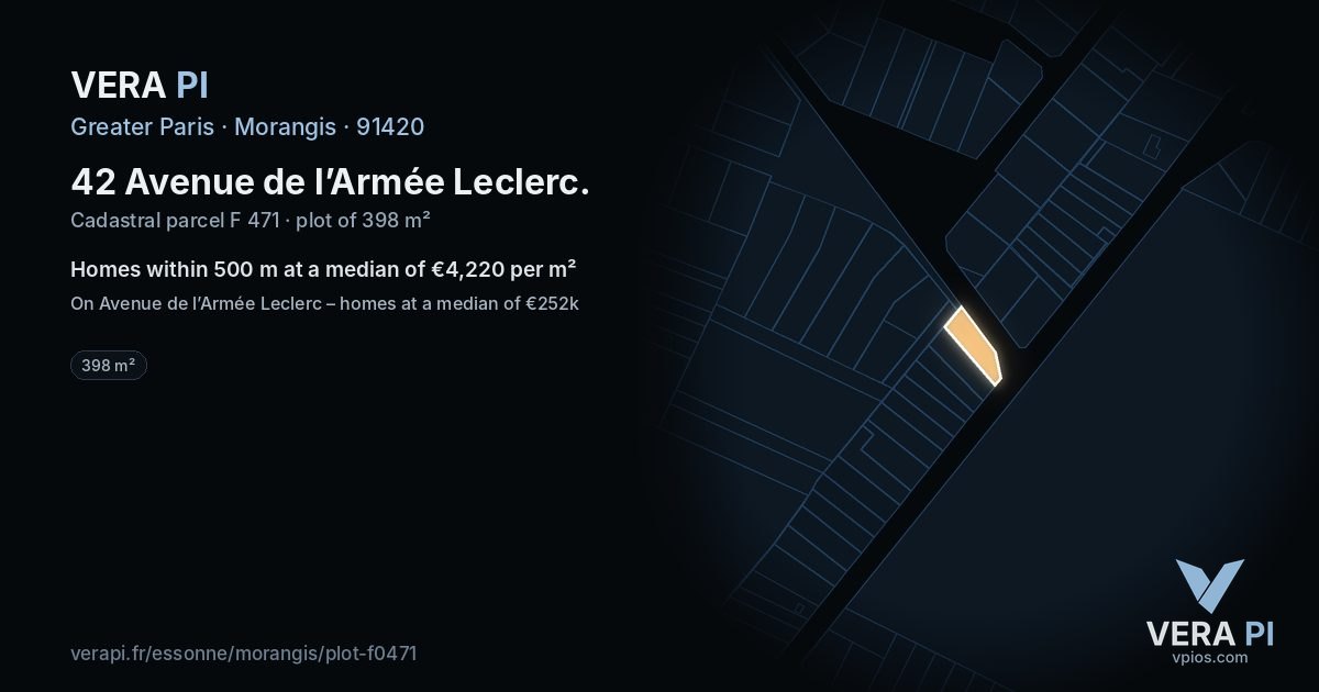42 Avenue de l’Armée Leclerc, Morangis at night – the plot lit, the parcels around coloured by the prices near them