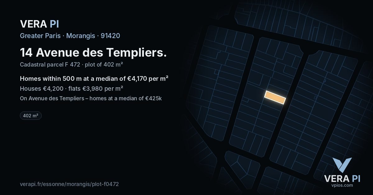 14 Avenue des Templiers, Morangis at night – the plot lit, the parcels around coloured by the prices near them