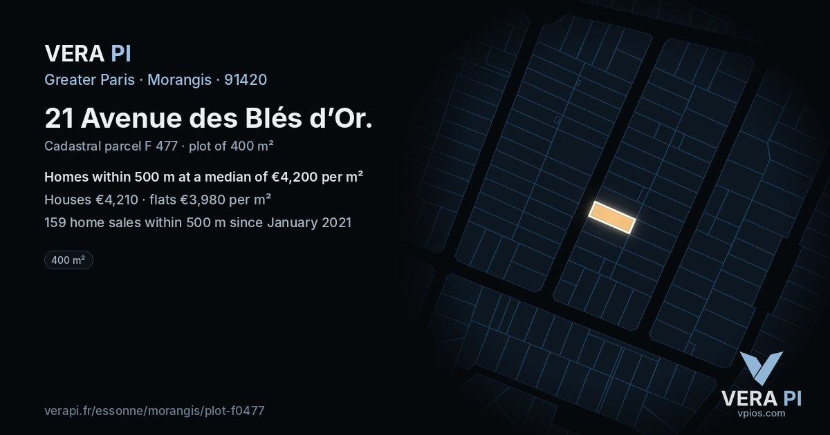 21 Avenue des Blés d’Or, Morangis at night – the plot lit, the parcels around coloured by the prices near them