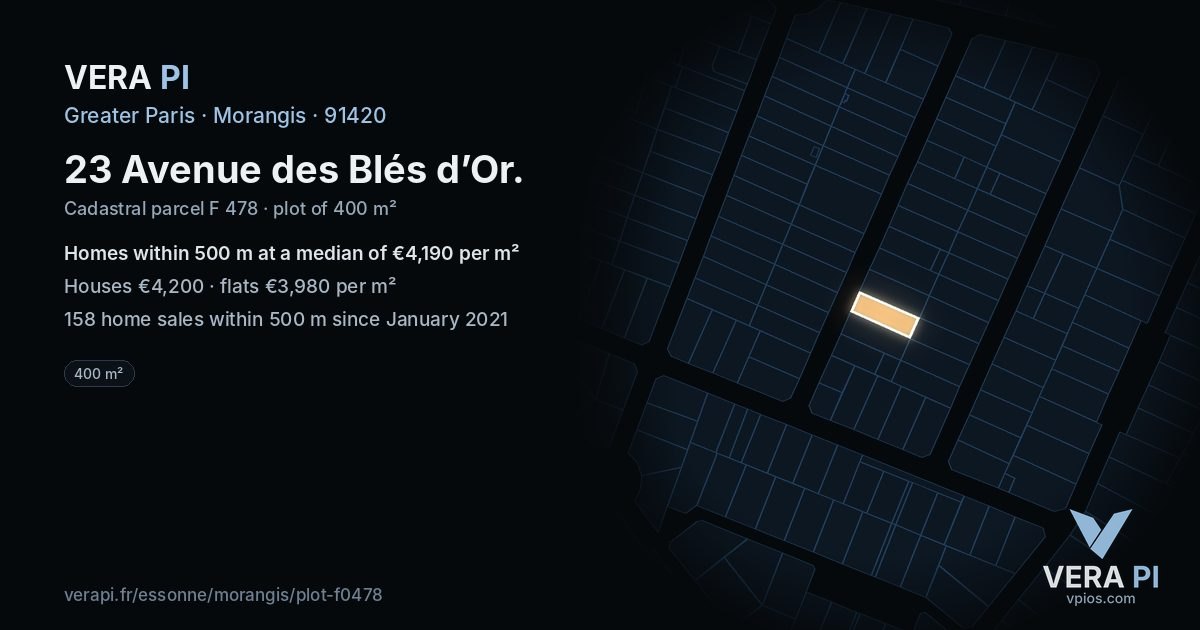 23 Avenue des Blés d’Or, Morangis at night – the plot lit, the parcels around coloured by the prices near them
