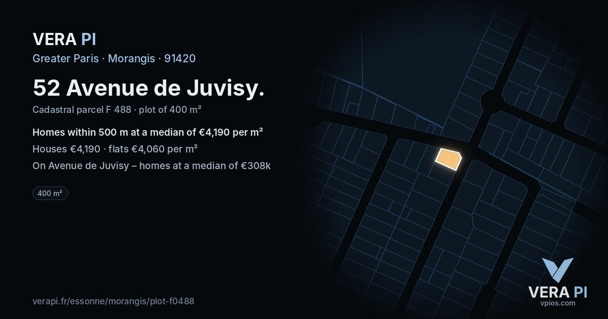52 Avenue de Juvisy, Morangis at night – the plot lit, the parcels around coloured by the prices near them