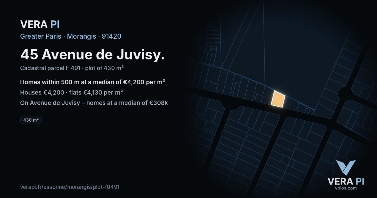 45 Avenue de Juvisy, Morangis at night – the plot lit, the parcels around coloured by the prices near them
