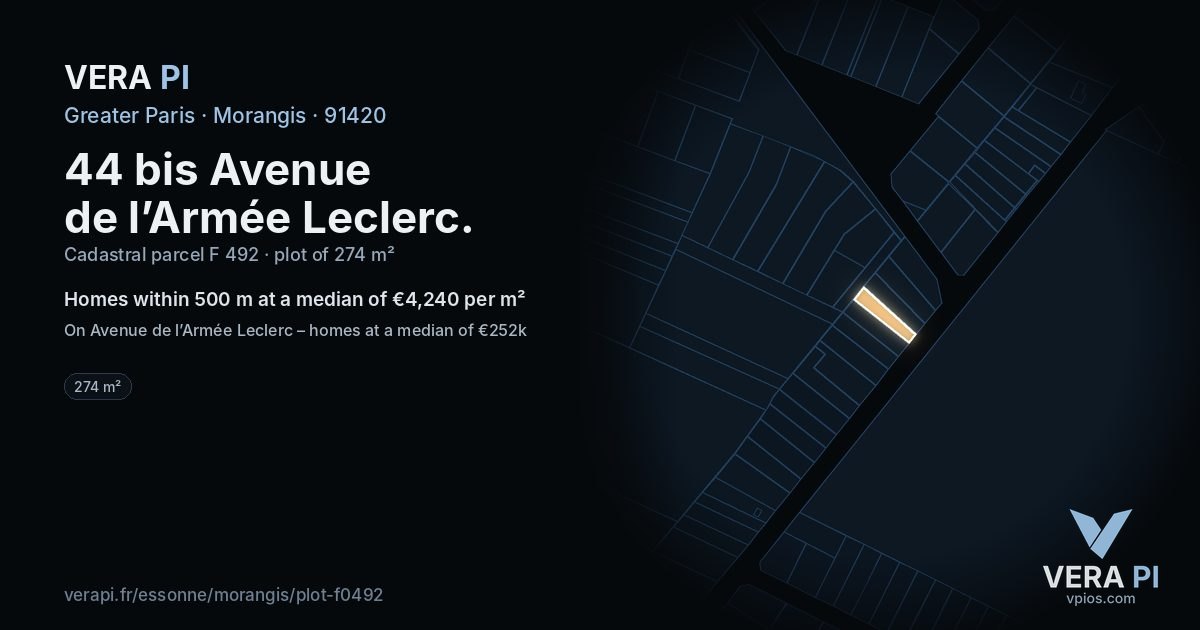 44 bis Avenue de l’Armée Leclerc, Morangis at night – the plot lit, the parcels around coloured by the prices near them