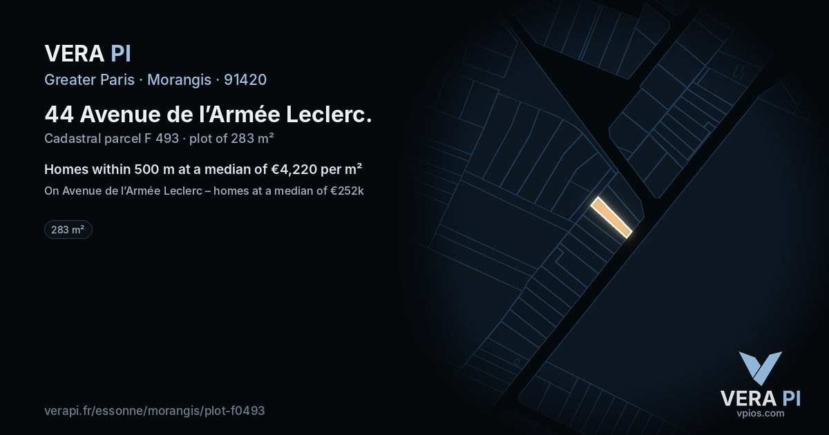 44 Avenue de l’Armée Leclerc, Morangis at night – the plot lit, the parcels around coloured by the prices near them