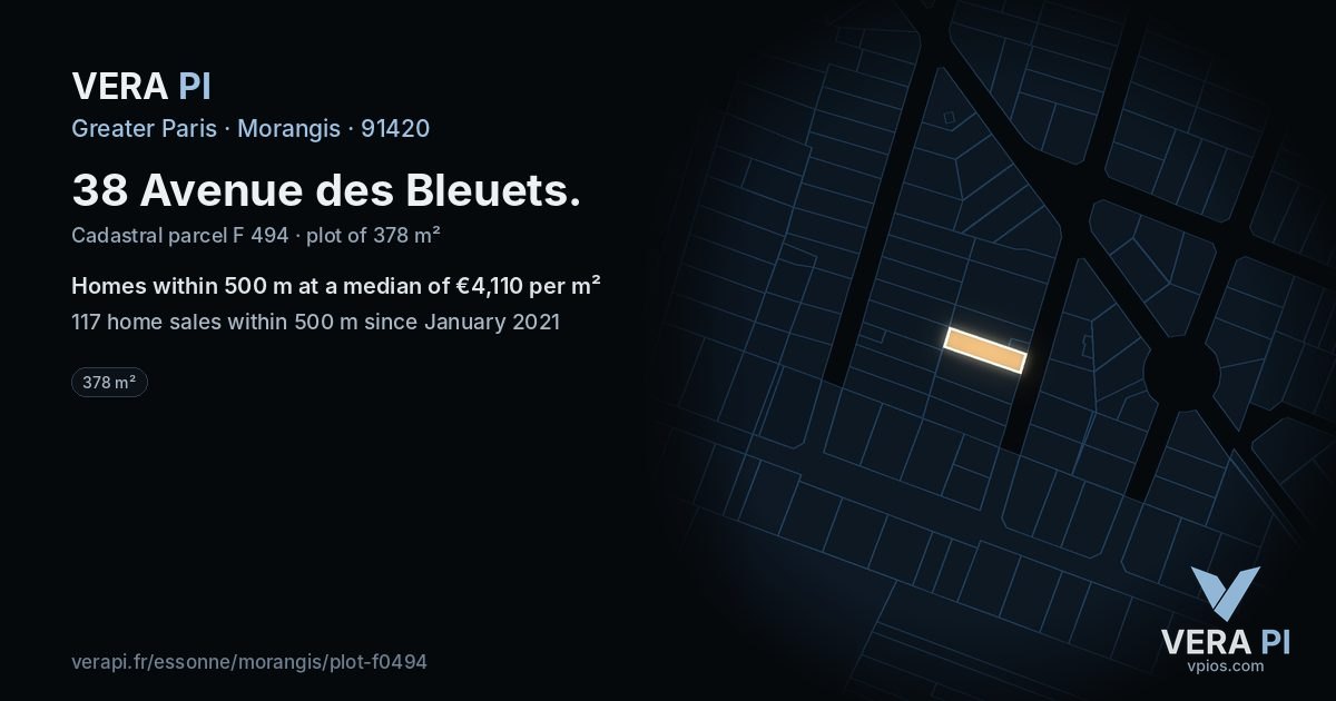 38 Avenue des Bleuets, Morangis at night – the plot lit, the parcels around coloured by the prices near them