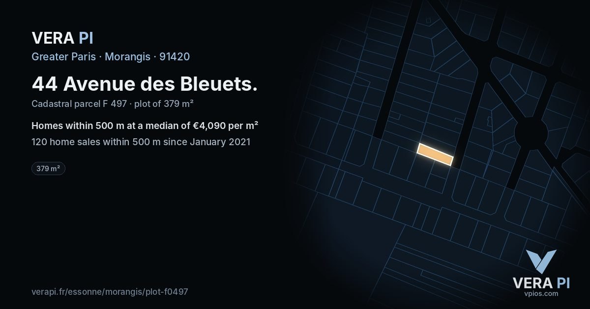 44 Avenue des Bleuets, Morangis at night – the plot lit, the parcels around coloured by the prices near them