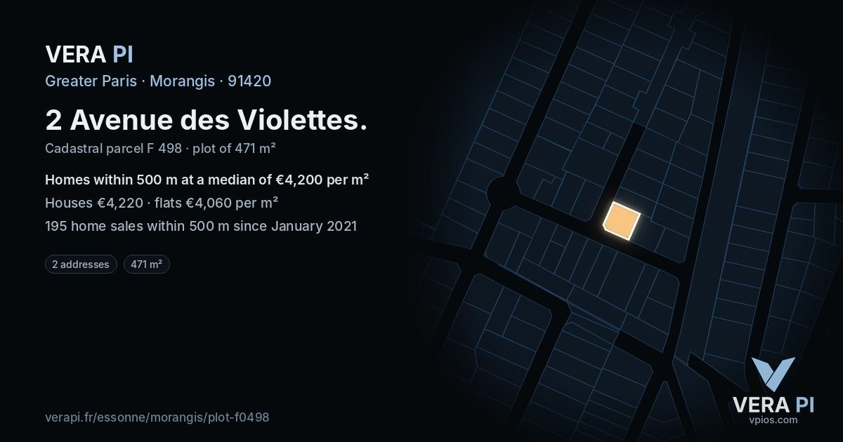 2 Avenue des Violettes, Morangis at night – the plot lit, the parcels around coloured by the prices near them