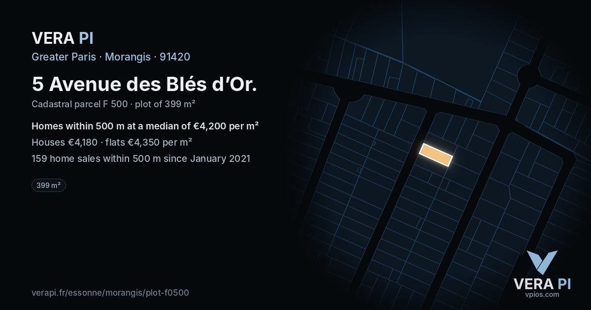 5 Avenue des Blés d’Or, Morangis at night – the plot lit, the parcels around coloured by the prices near them