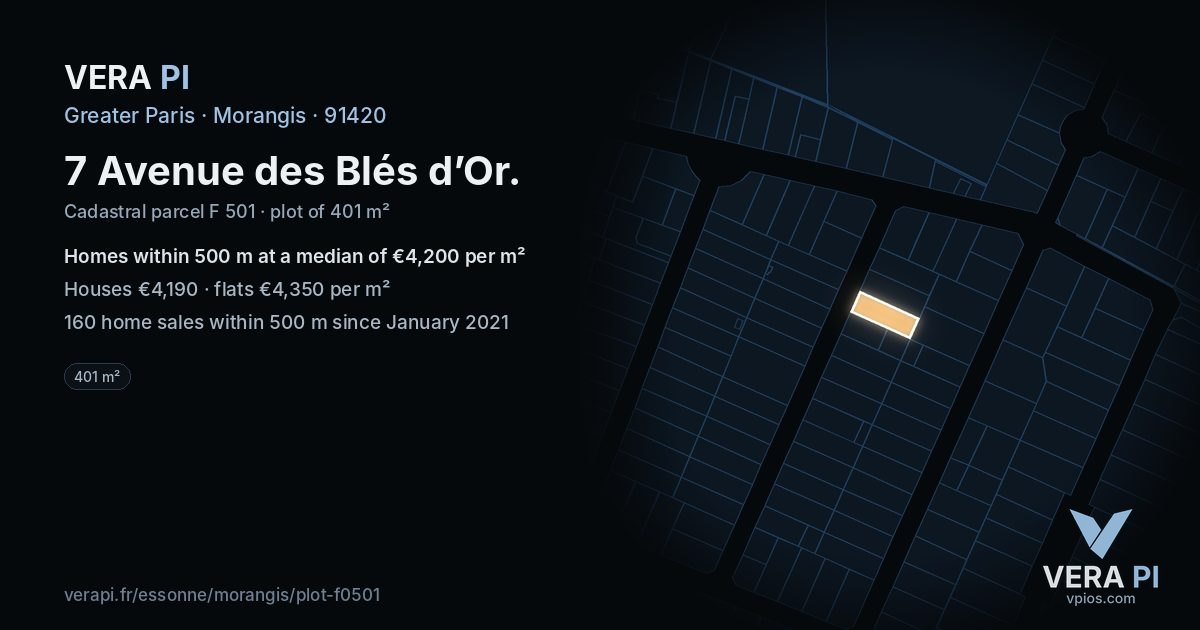 7 Avenue des Blés d’Or, Morangis at night – the plot lit, the parcels around coloured by the prices near them