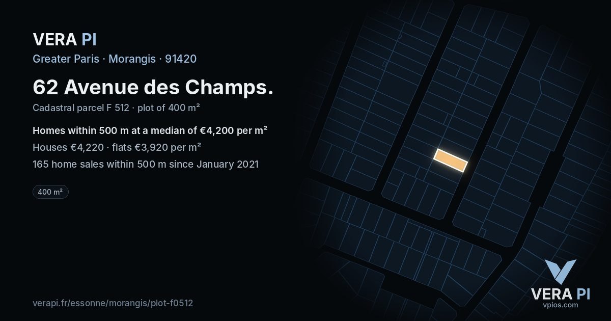 62 Avenue des Champs, Morangis at night – the plot lit, the parcels around coloured by the prices near them