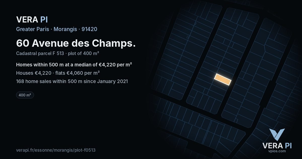 60 Avenue des Champs, Morangis at night – the plot lit, the parcels around coloured by the prices near them