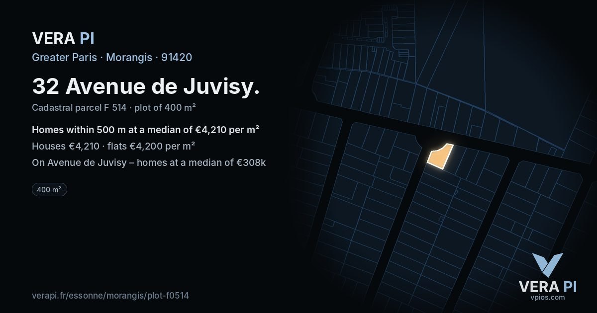 32 Avenue de Juvisy, Morangis at night – the plot lit, the parcels around coloured by the prices near them
