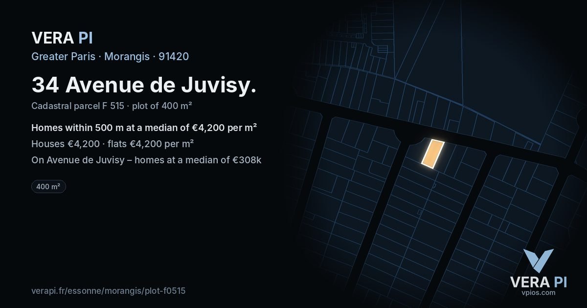 34 Avenue de Juvisy, Morangis at night – the plot lit, the parcels around coloured by the prices near them