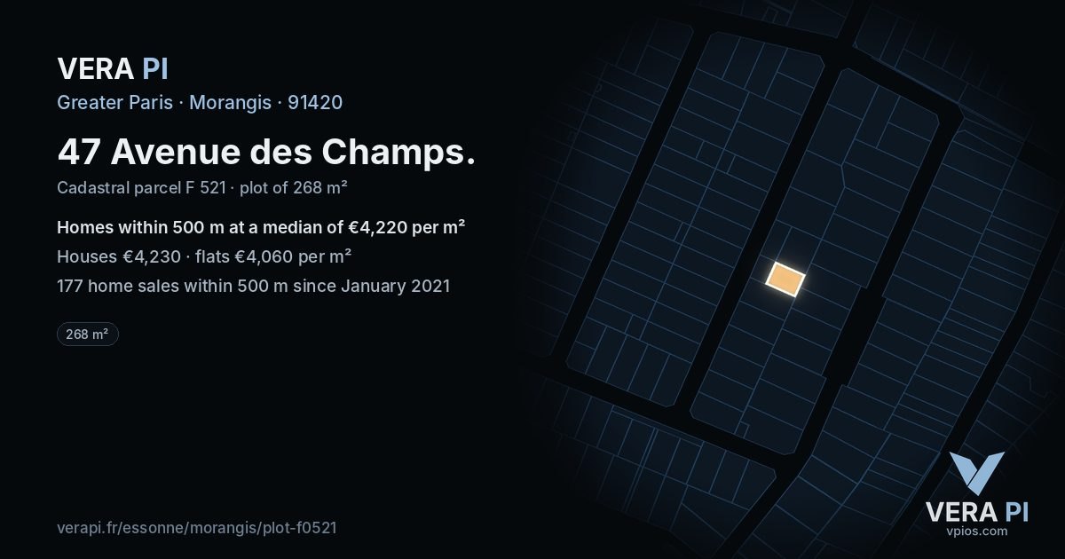 47 Avenue des Champs, Morangis at night – the plot lit, the parcels around coloured by the prices near them