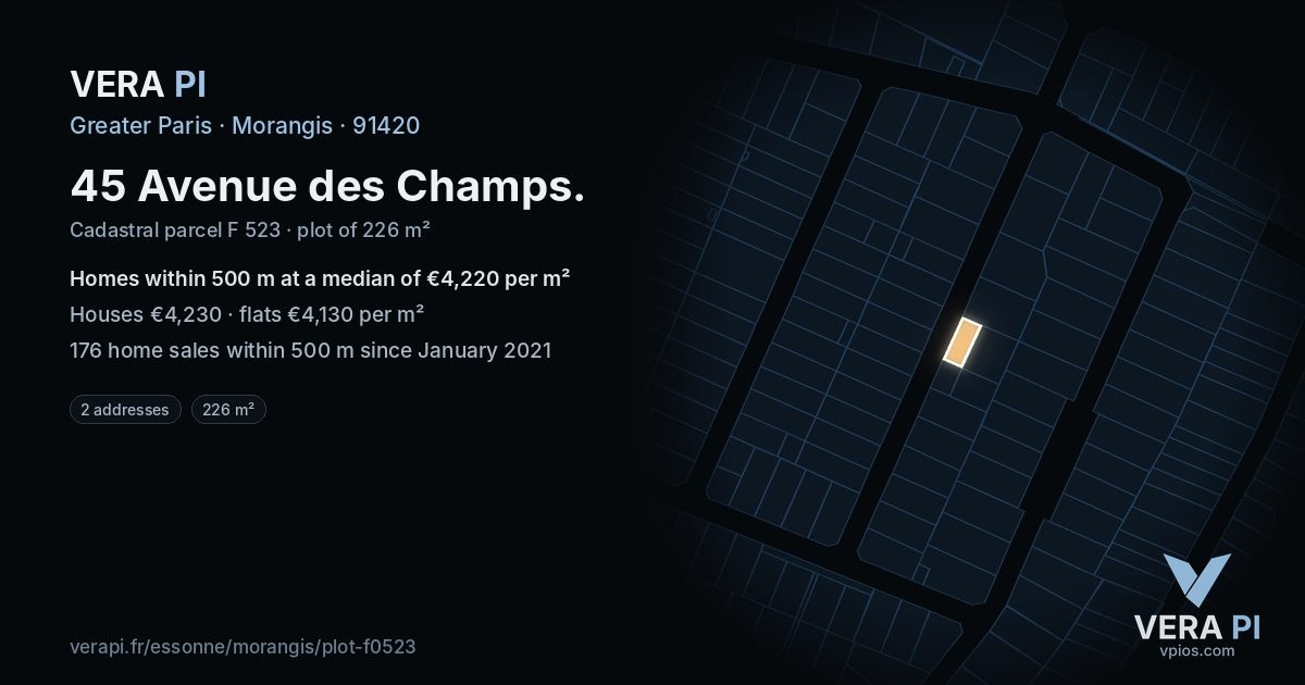 45 Avenue des Champs, Morangis at night – the plot lit, the parcels around coloured by the prices near them