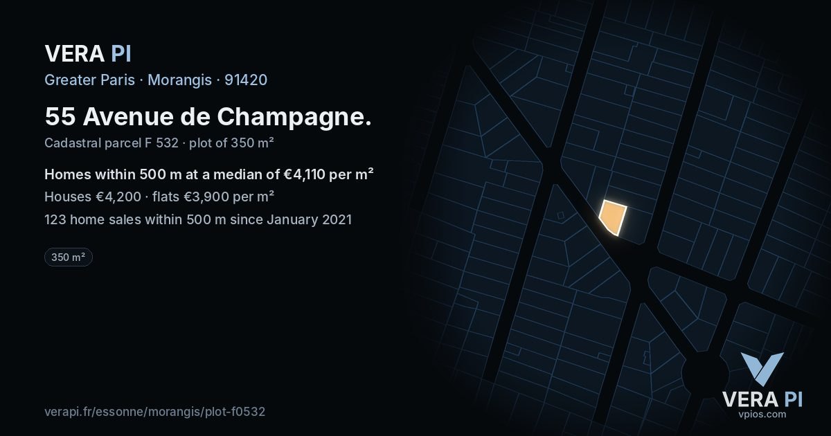 55 Avenue de Champagne, Morangis at night – the plot lit, the parcels around coloured by the prices near them
