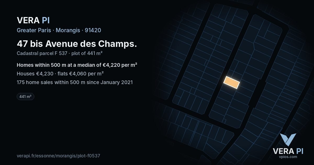 47 bis Avenue des Champs, Morangis at night – the plot lit, the parcels around coloured by the prices near them