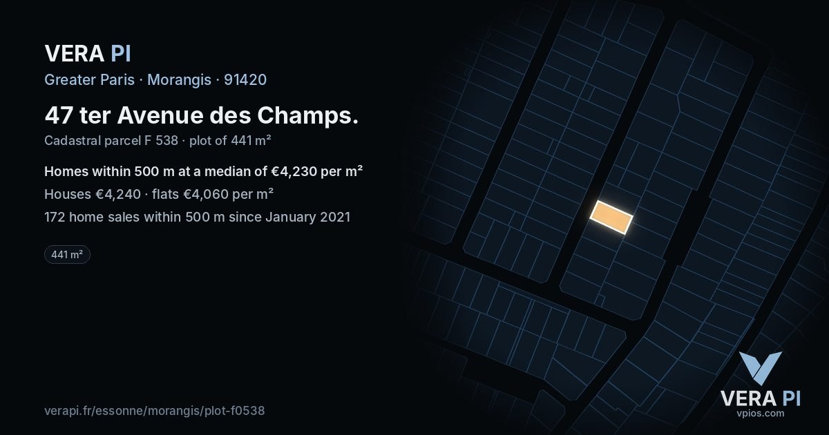 47 ter Avenue des Champs, Morangis at night – the plot lit, the parcels around coloured by the prices near them