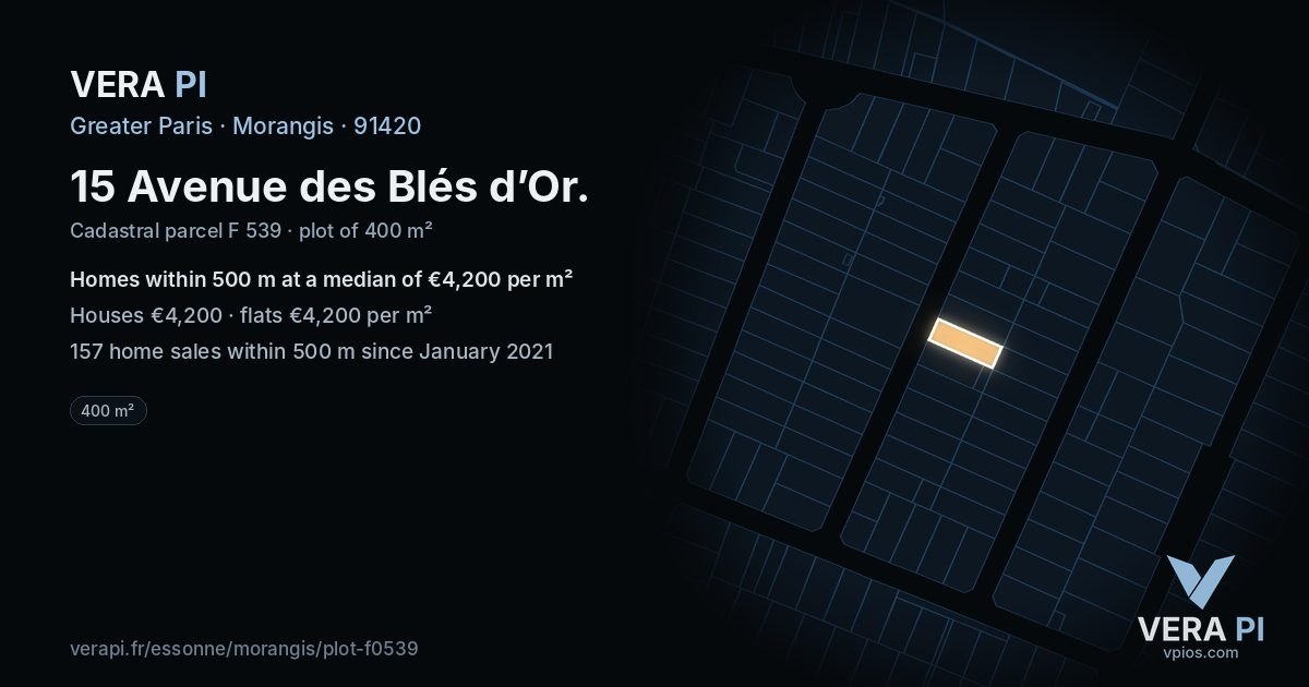 15 Avenue des Blés d’Or, Morangis at night – the plot lit, the parcels around coloured by the prices near them
