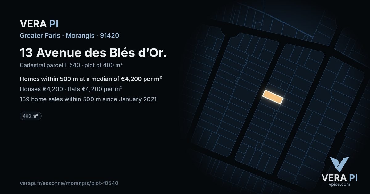 13 Avenue des Blés d’Or, Morangis at night – the plot lit, the parcels around coloured by the prices near them