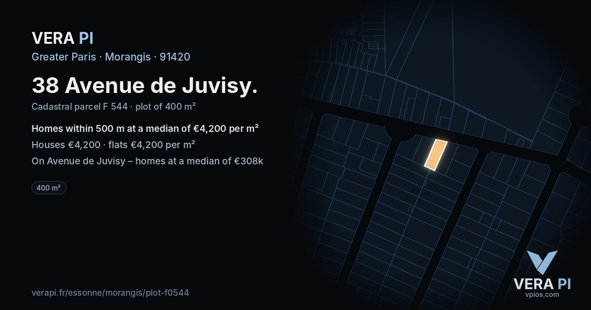 38 Avenue de Juvisy, Morangis at night – the plot lit, the parcels around coloured by the prices near them