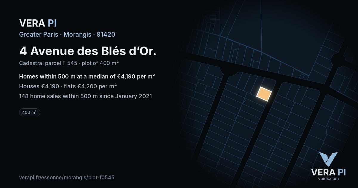 4 Avenue des Blés d’Or, Morangis at night – the plot lit, the parcels around coloured by the prices near them