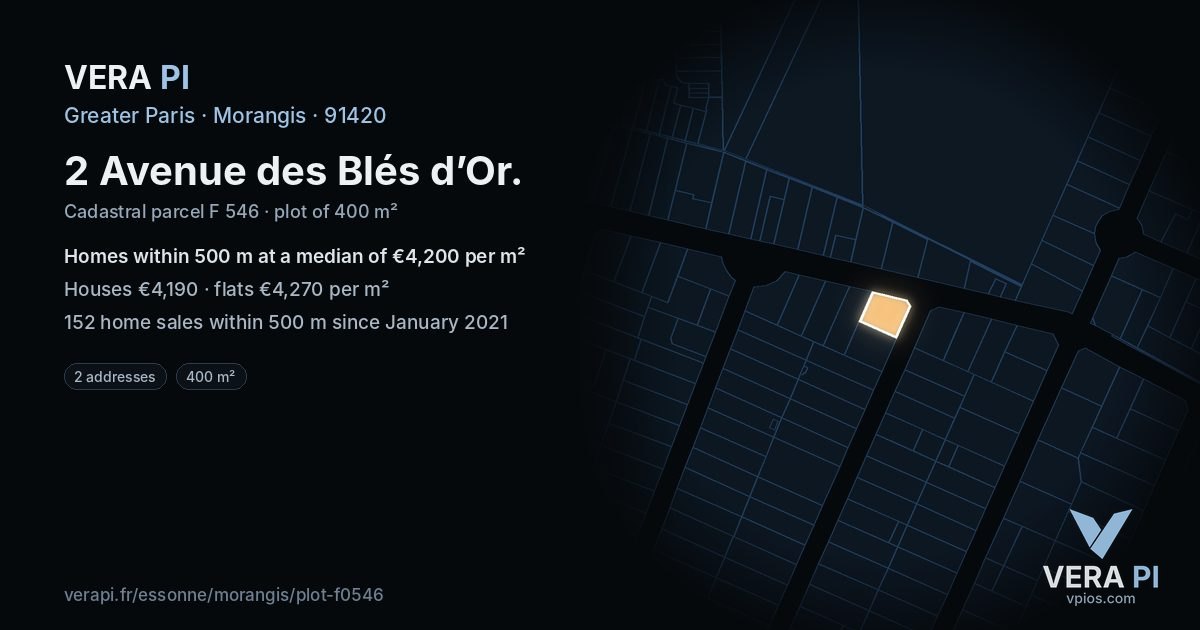 2 Avenue des Blés d’Or, Morangis at night – the plot lit, the parcels around coloured by the prices near them
