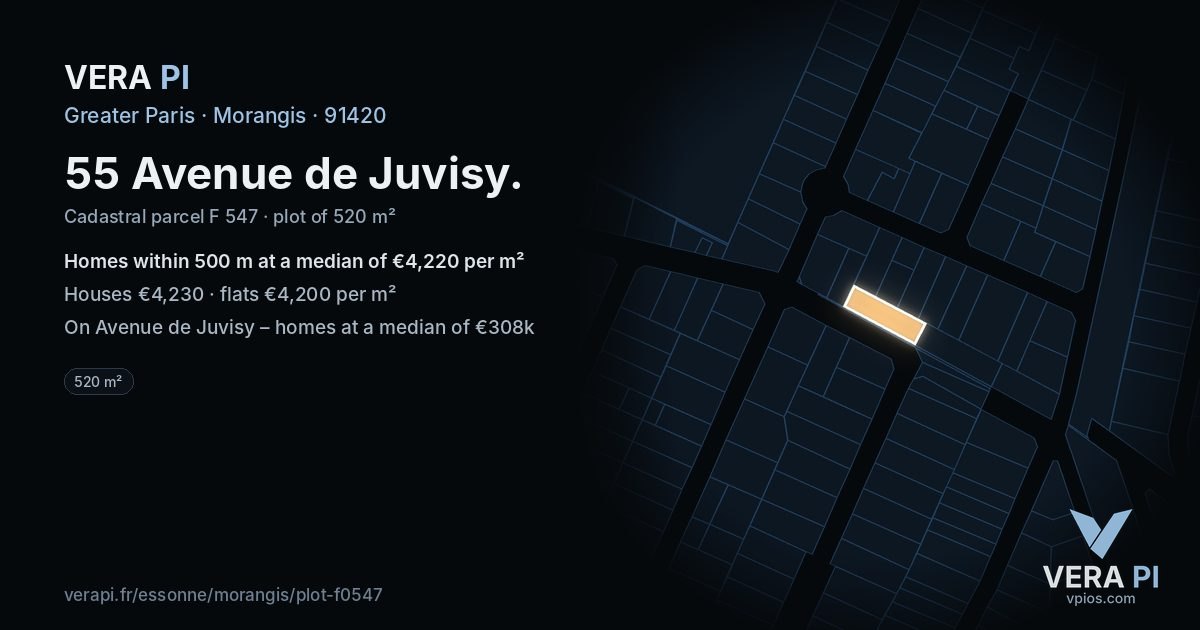 55 Avenue de Juvisy, Morangis at night – the plot lit, the parcels around coloured by the prices near them