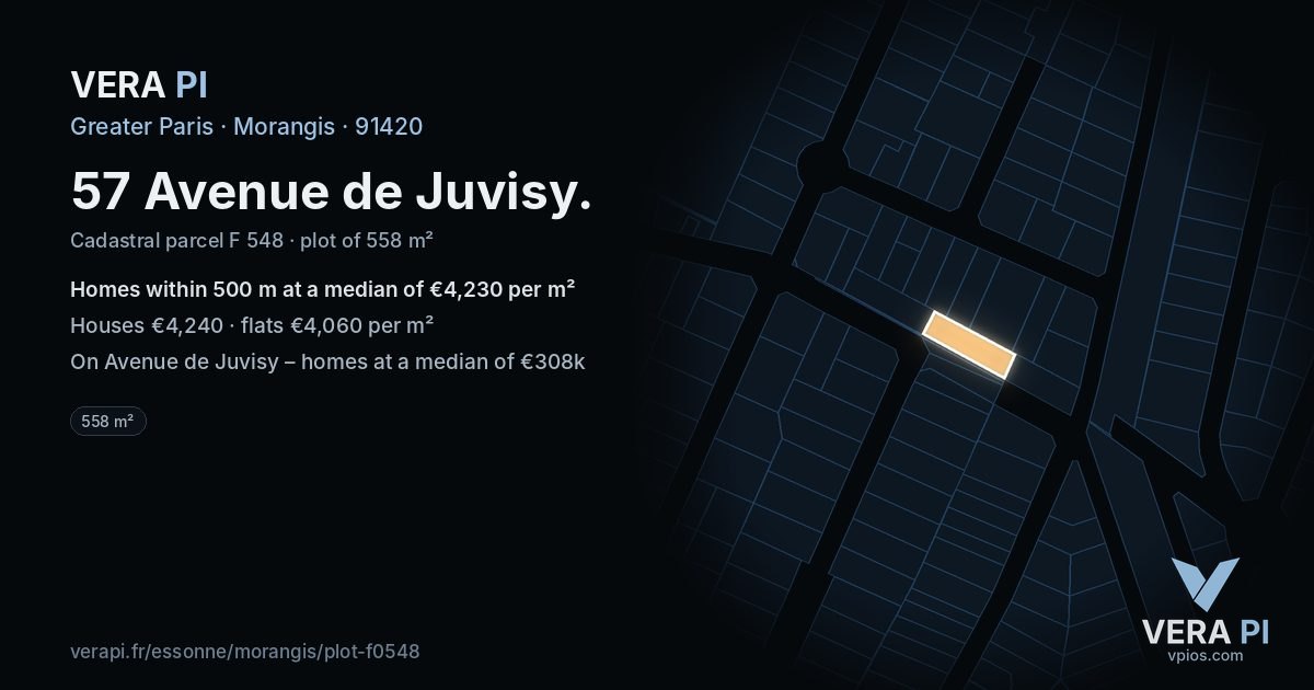 57 Avenue de Juvisy, Morangis at night – the plot lit, the parcels around coloured by the prices near them