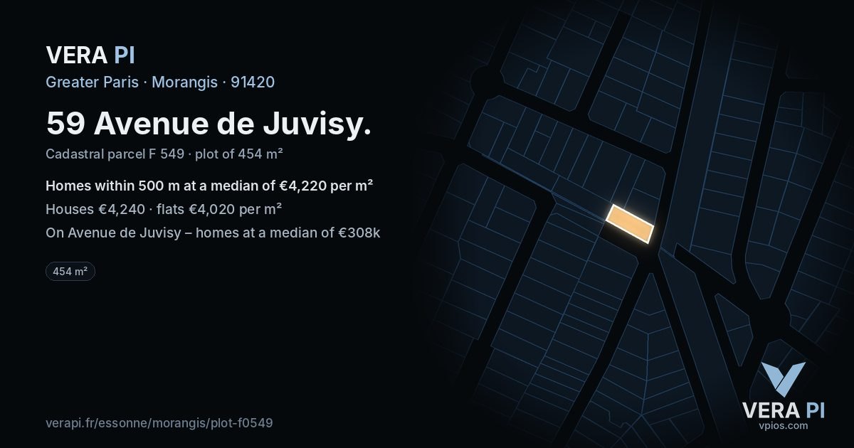 59 Avenue de Juvisy, Morangis at night – the plot lit, the parcels around coloured by the prices near them