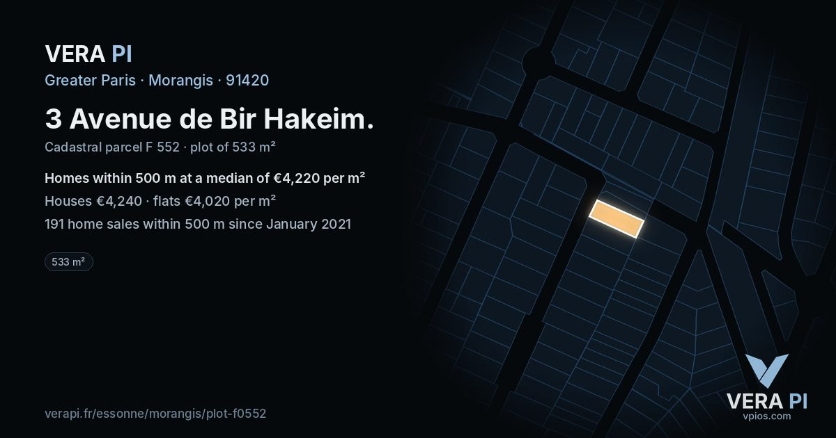 3 Avenue de Bir Hakeim, Morangis at night – the plot lit, the parcels around coloured by the prices near them