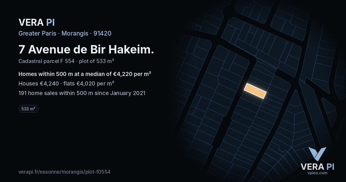 7 Avenue de Bir Hakeim, Morangis at night – the plot lit, the parcels around coloured by the prices near them