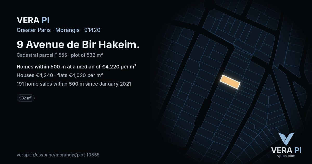 9 Avenue de Bir Hakeim, Morangis at night – the plot lit, the parcels around coloured by the prices near them
