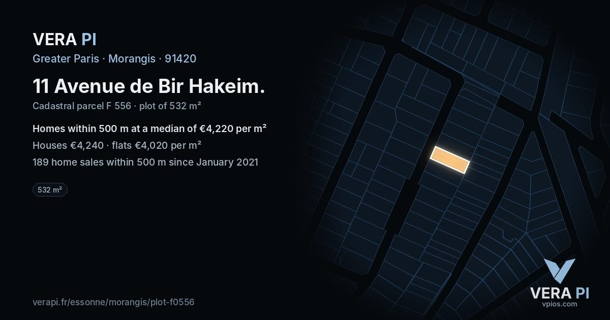 11 Avenue de Bir Hakeim, Morangis at night – the plot lit, the parcels around coloured by the prices near them