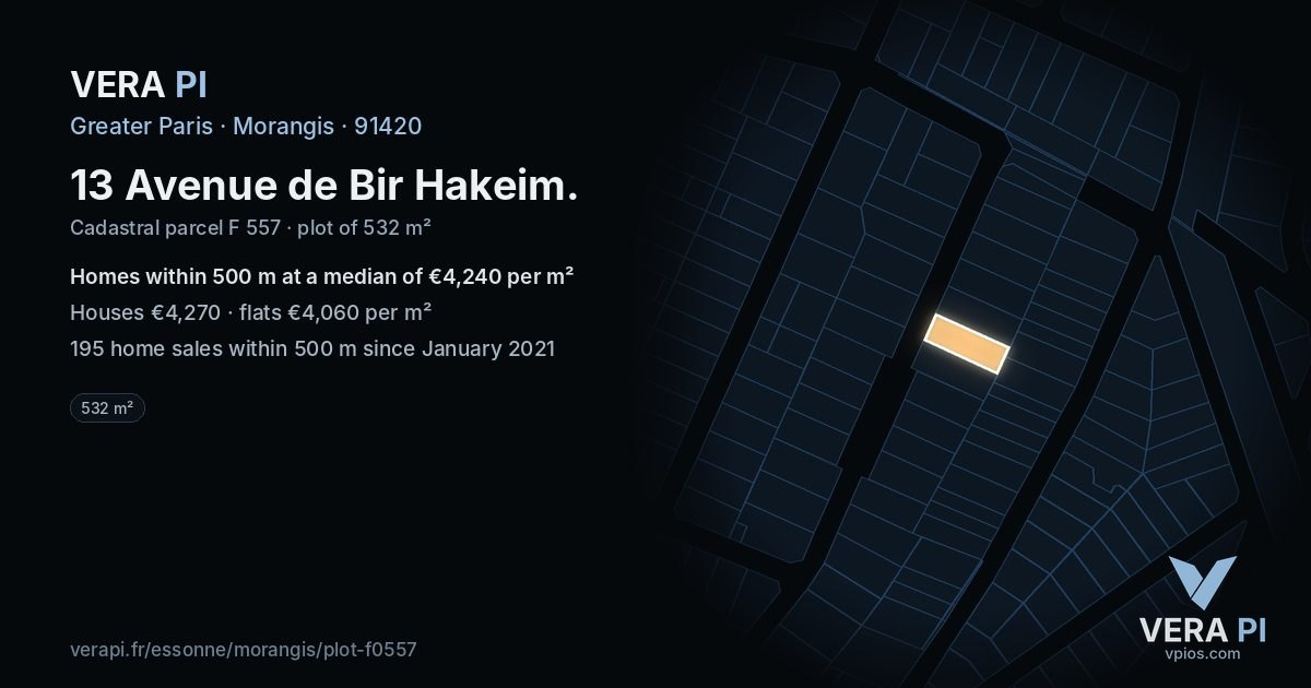 13 Avenue de Bir Hakeim, Morangis at night – the plot lit, the parcels around coloured by the prices near them
