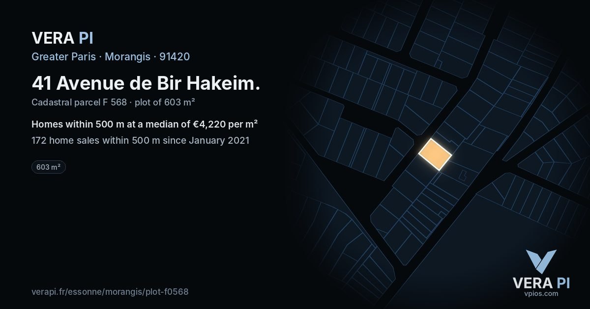 41 Avenue de Bir Hakeim, Morangis at night – the plot lit, the parcels around coloured by the prices near them