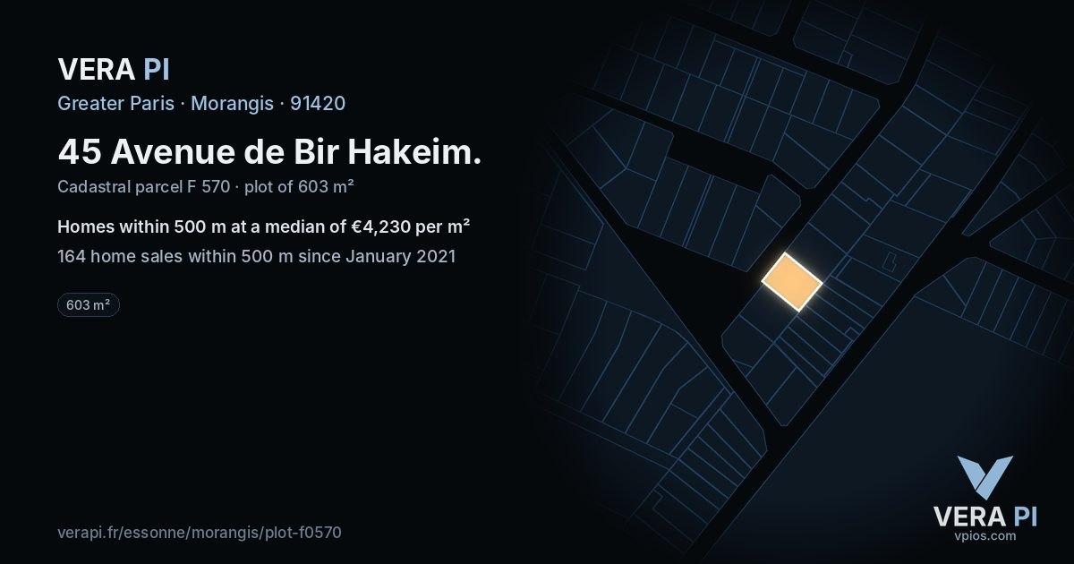 45 Avenue de Bir Hakeim, Morangis at night – the plot lit, the parcels around coloured by the prices near them