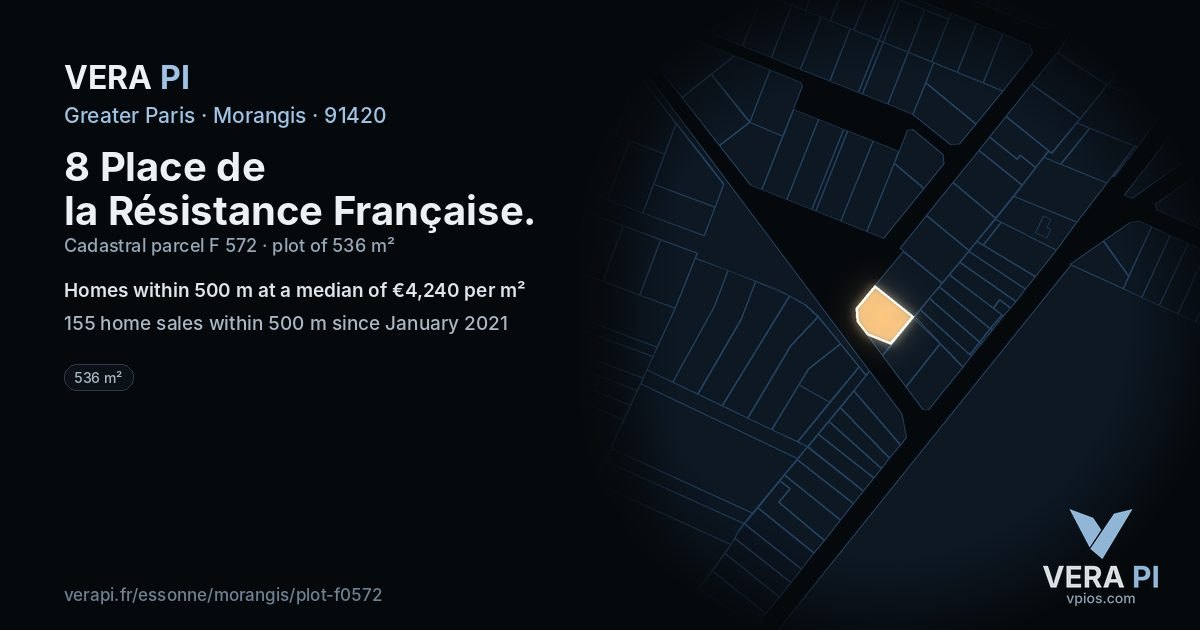 8 Place de la Résistance Française, Morangis at night – the plot lit, the parcels around coloured by the prices near them