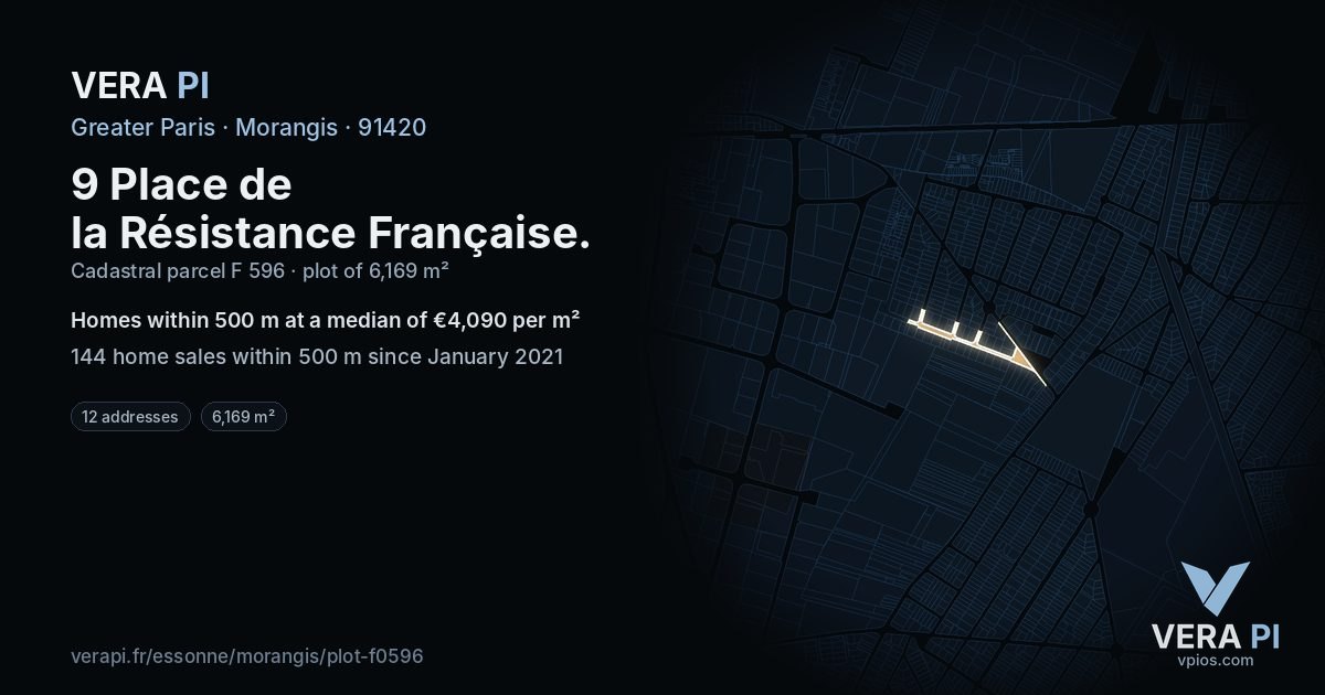 9 Place de la Résistance Française, Morangis at night – the plot lit, the parcels around coloured by the prices near them