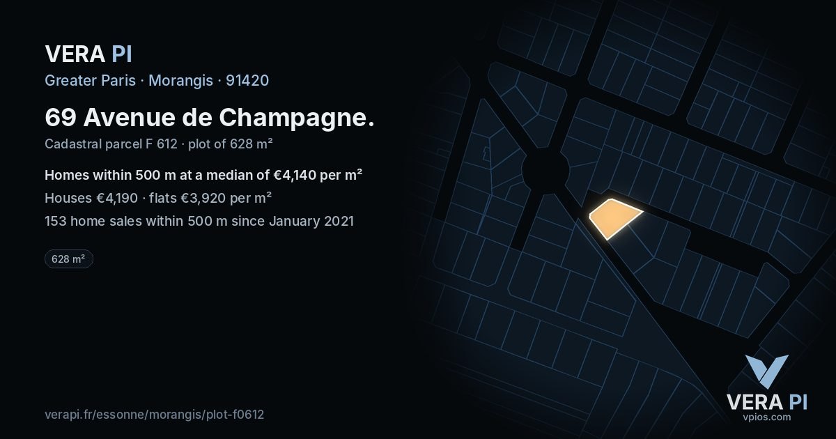 69 Avenue de Champagne, Morangis at night – the plot lit, the parcels around coloured by the prices near them
